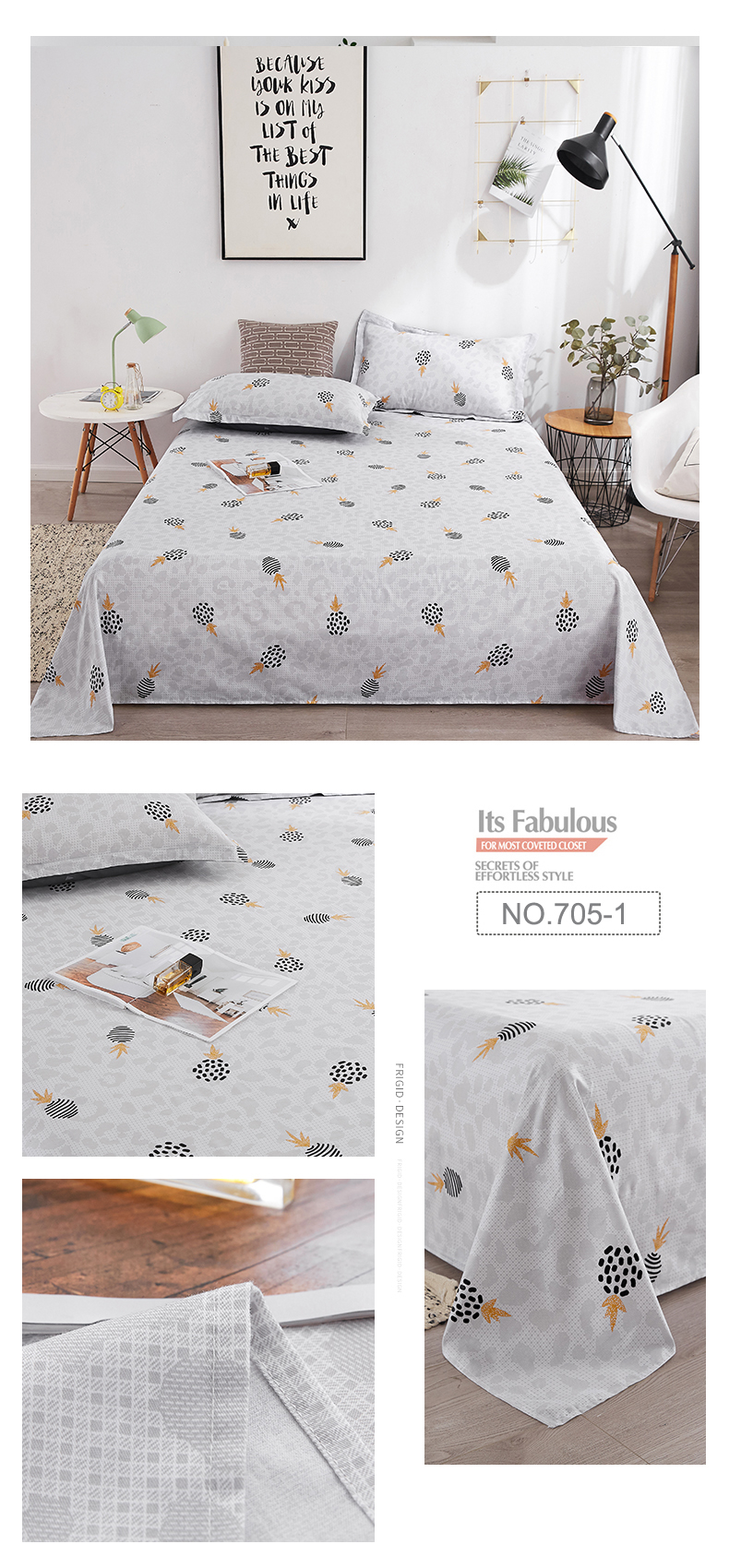 Cotton Printed Light Yellow King Bed Linen Bed Sheet Set