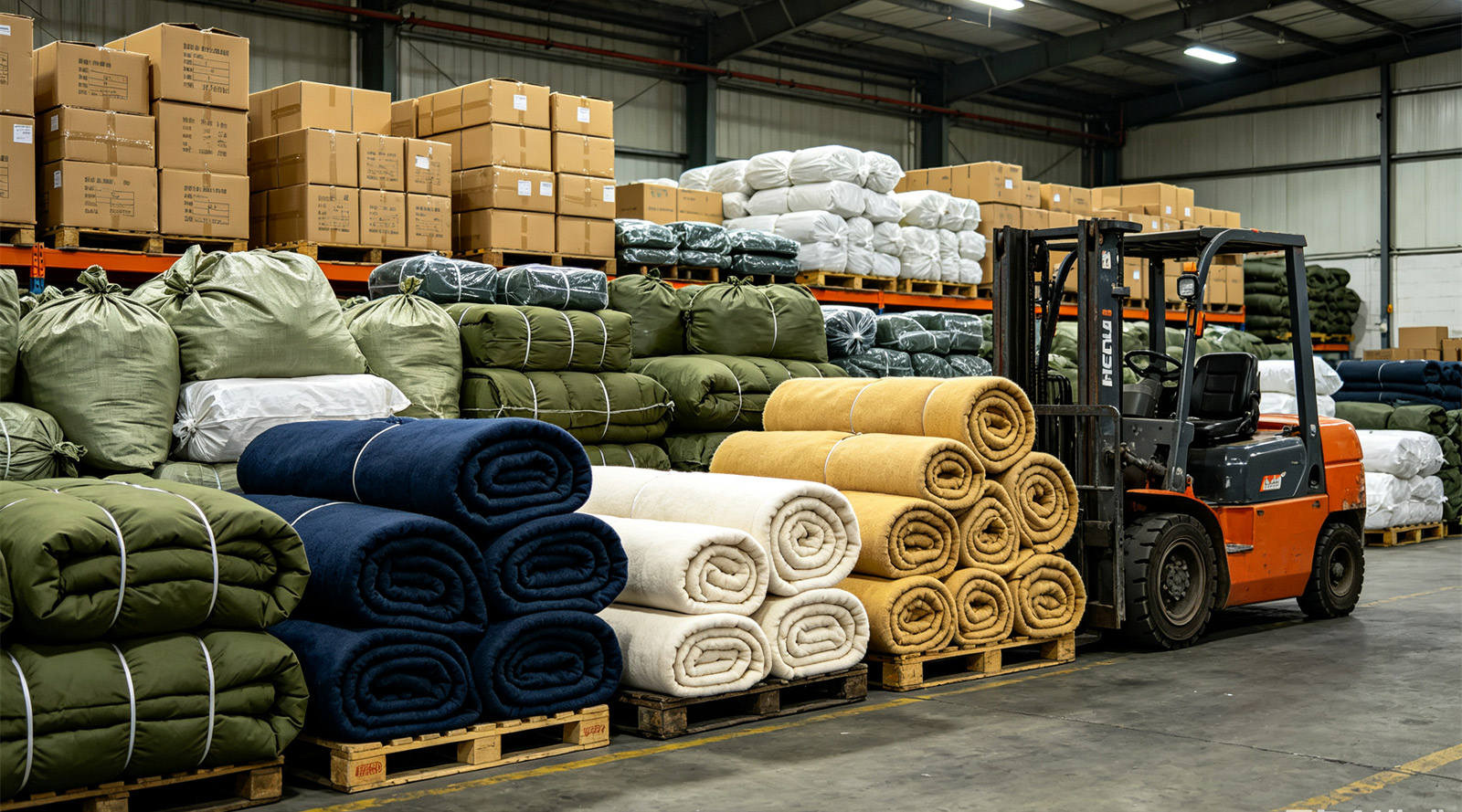YRF Textile bulk blanket stock arranged for inventory control, destination allocation and procurement planning by institutional supply teams for the observe the storage environment section.