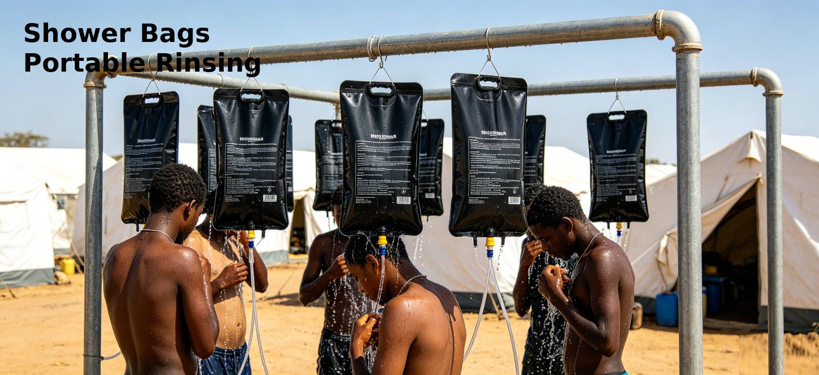 Portable shower bags supporting rinsing at a temporary camp for procurement review and organized field distribution Portable shower bags supporting rinsing at a temporary camp for procurement review and organized field distribution