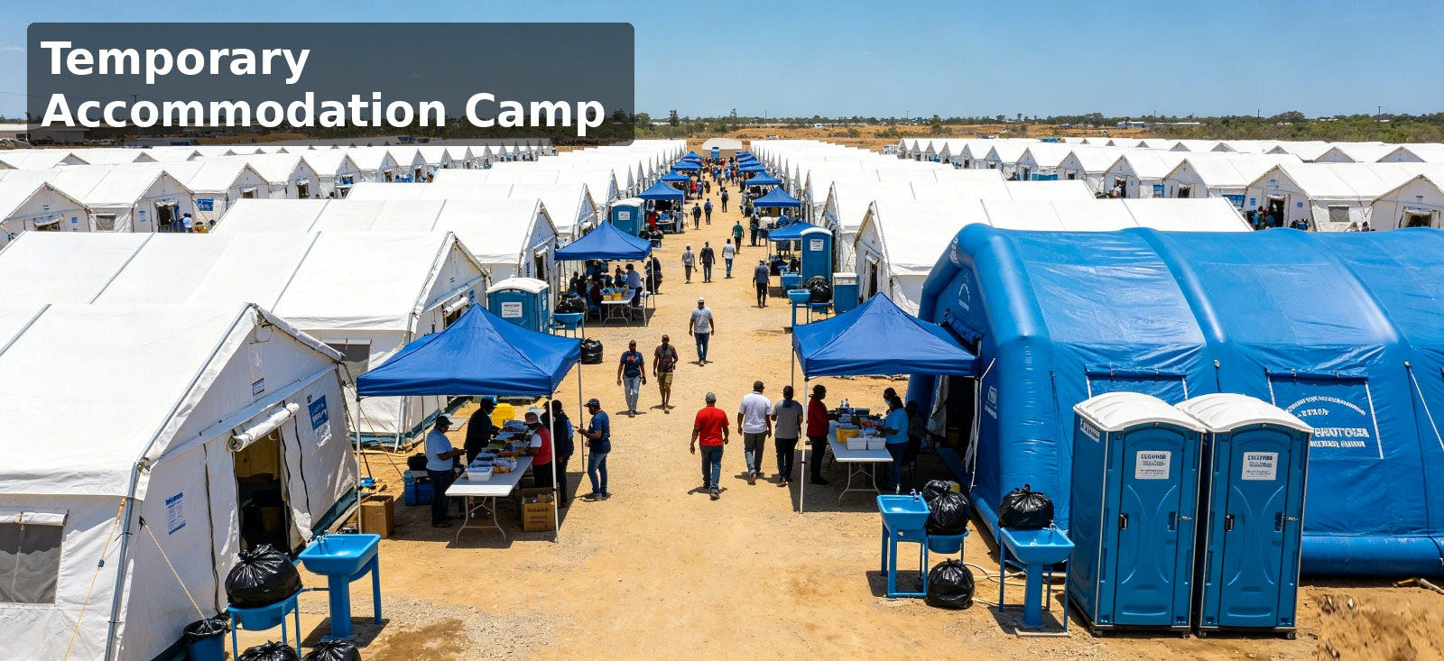 Temporary accommodation camp combining shelters and support points for bulk procurement review Temporary accommodation camp combining shelters and support points for bulk procurement review