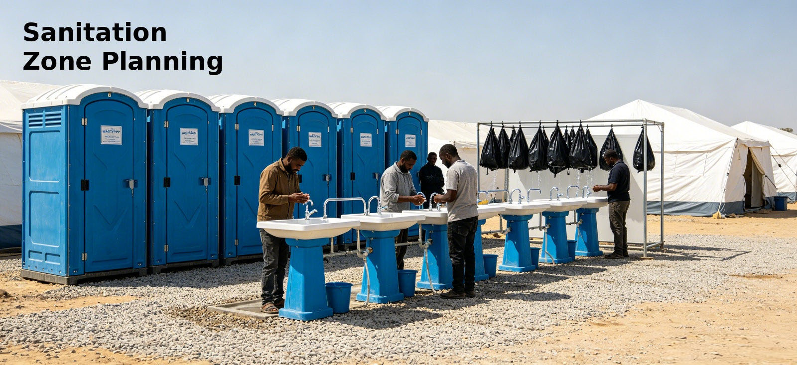 Temporary sanitation zone with toilets and wash points for procurement review and organized field distribution Temporary sanitation zone with toilets and wash points for procurement review and organized field distribution