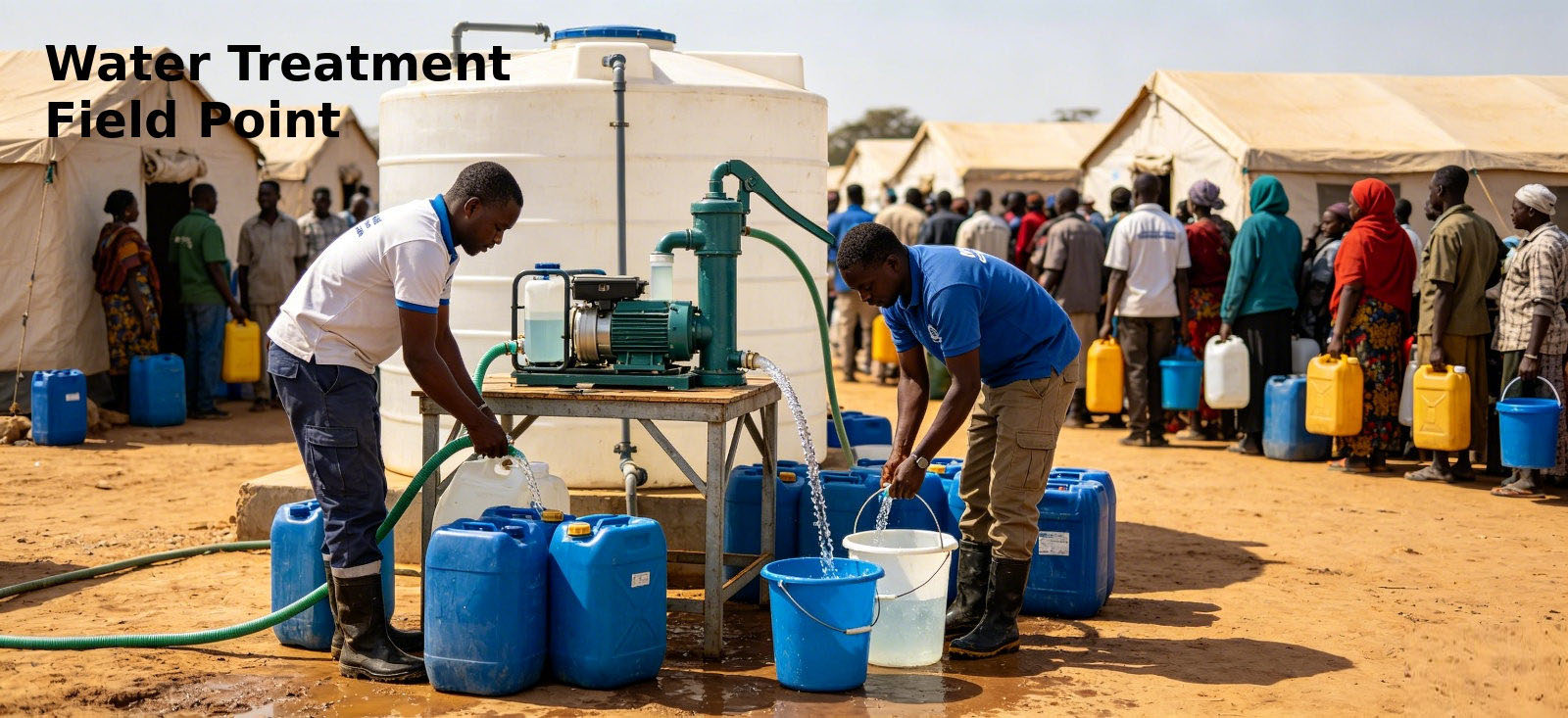 Field water treatment point supplying containers at a temporary camp for bulk procurement review Field water treatment point supplying containers at a temporary camp for bulk procurement review