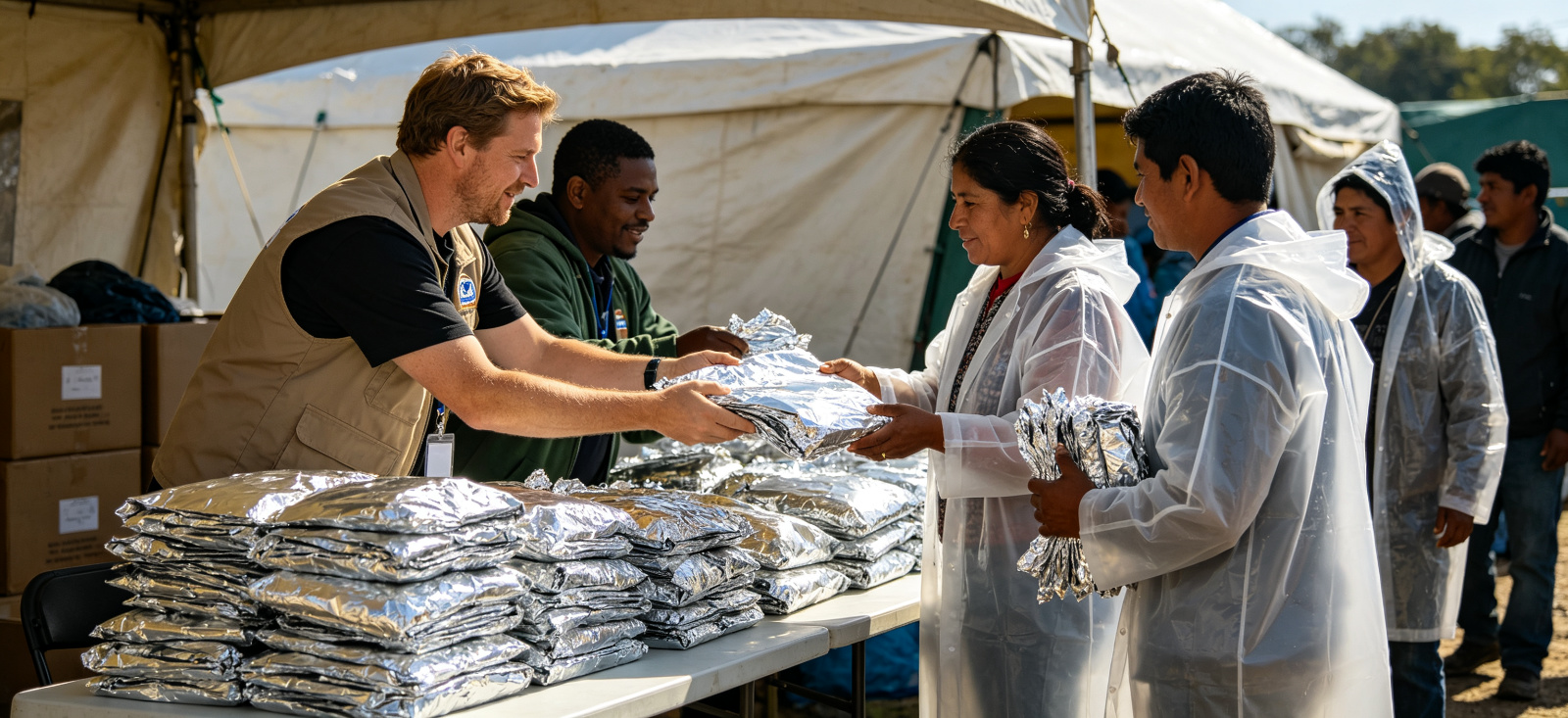 Foil life blankets distributed at a humanitarian relief point for procurement review and organized field distribution