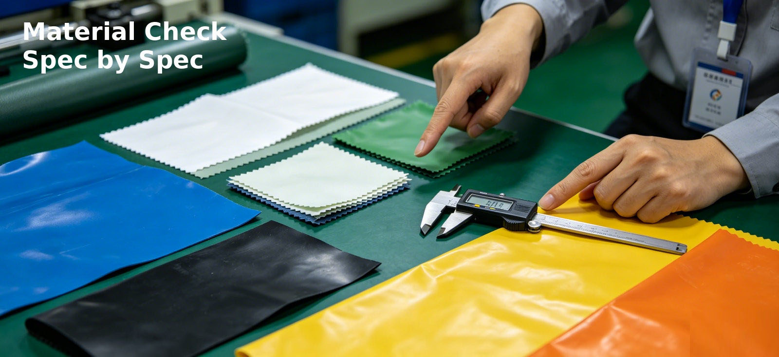 Material samples checked against emergency gear specifications for bulk procurement review