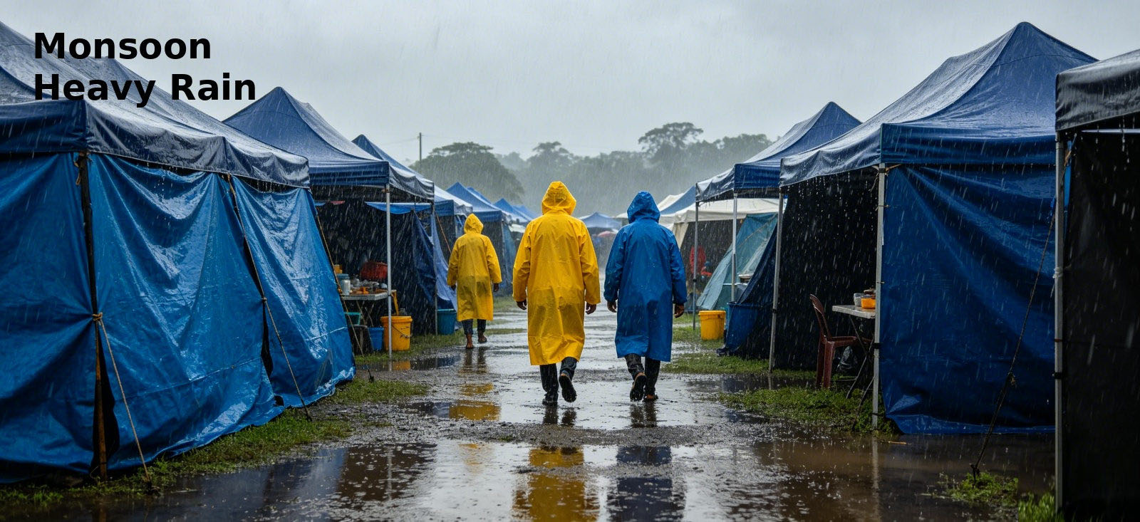 Temporary emergency site operating during heavy rain for procurement review and organized field distribution Temporary emergency site operating during heavy rain for procurement review and organized field distribution