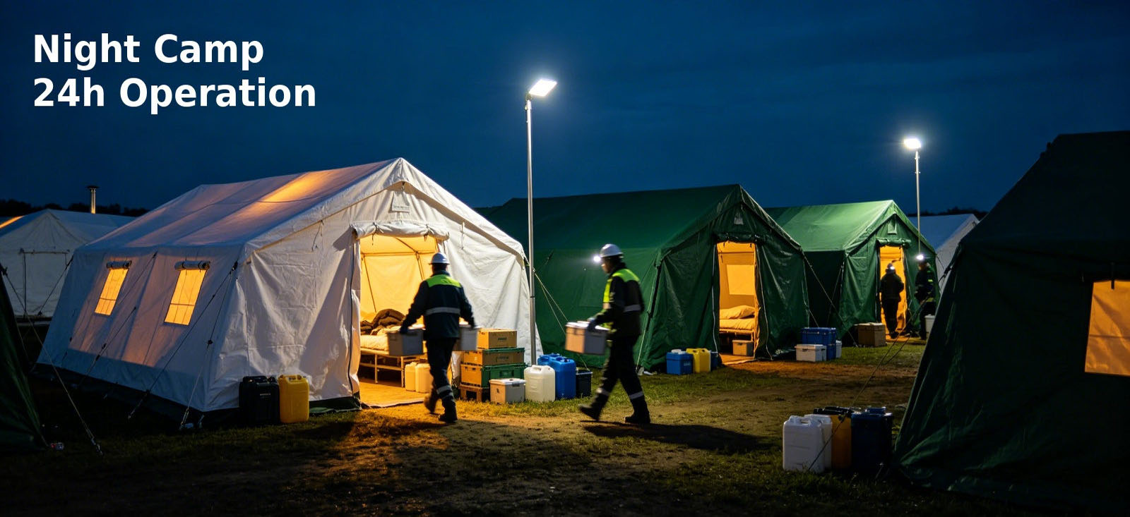 Emergency camp operating under temporary lighting at night for procurement review and organized field distribution Emergency camp operating under temporary lighting at night for procurement review and organized field distribution