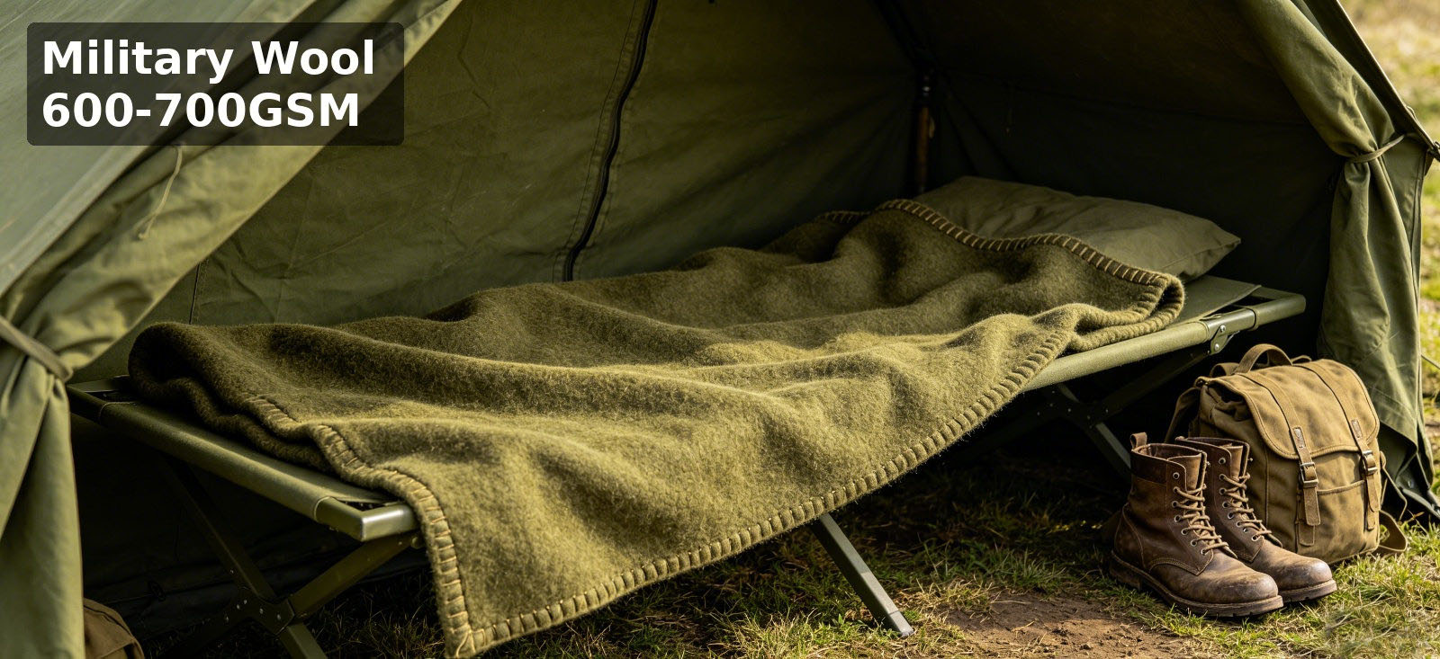 Heavy wool blanket arranged on a military field camp cot