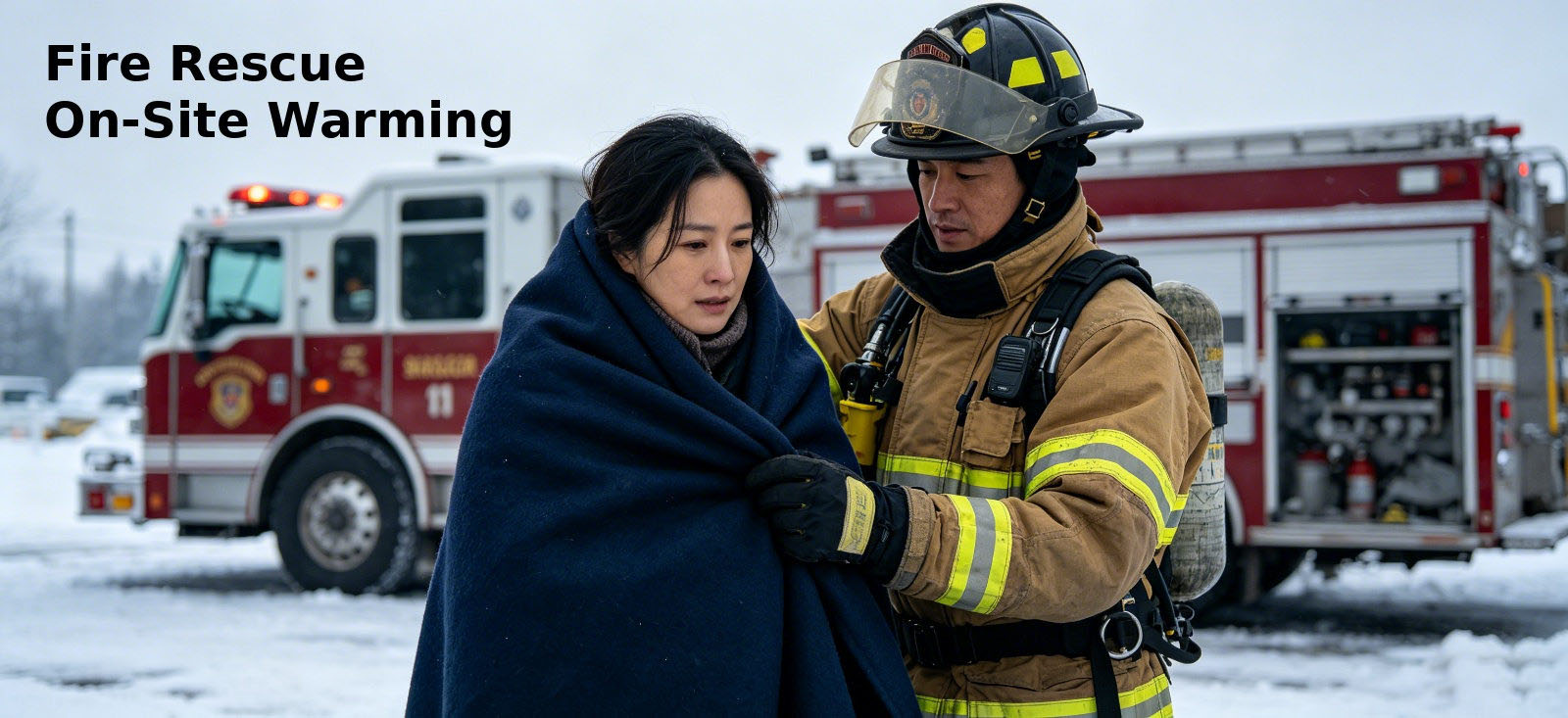 Fire responder providing a blanket during a cold-weather incident