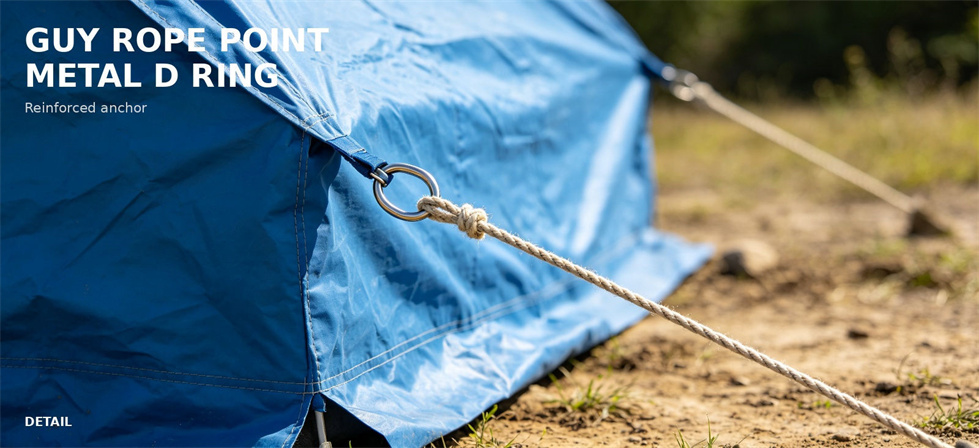 Close view of a guy-rope attachment point on a blue tent for procurement review and temporary camp planning