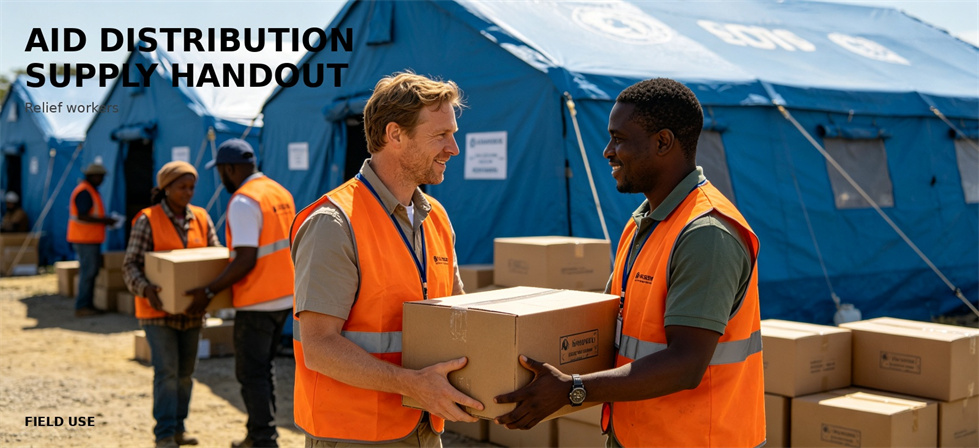 Workers distribute boxed supplies beside blue frame tents for procurement review and temporary camp planning