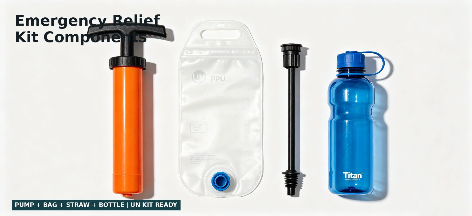 Emergency water purifier kit components arranged for checking for procurement review and temporary site distribution