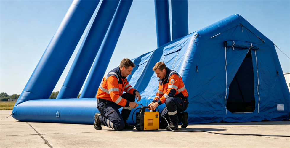 Two technicians operate a portable blower beside a blue inflatable tent for bulk procurement review