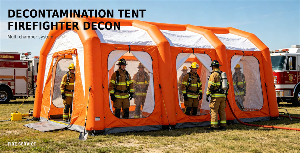 An orange inflatable decontamination tent arranged for firefighter operations for bulk procurement review