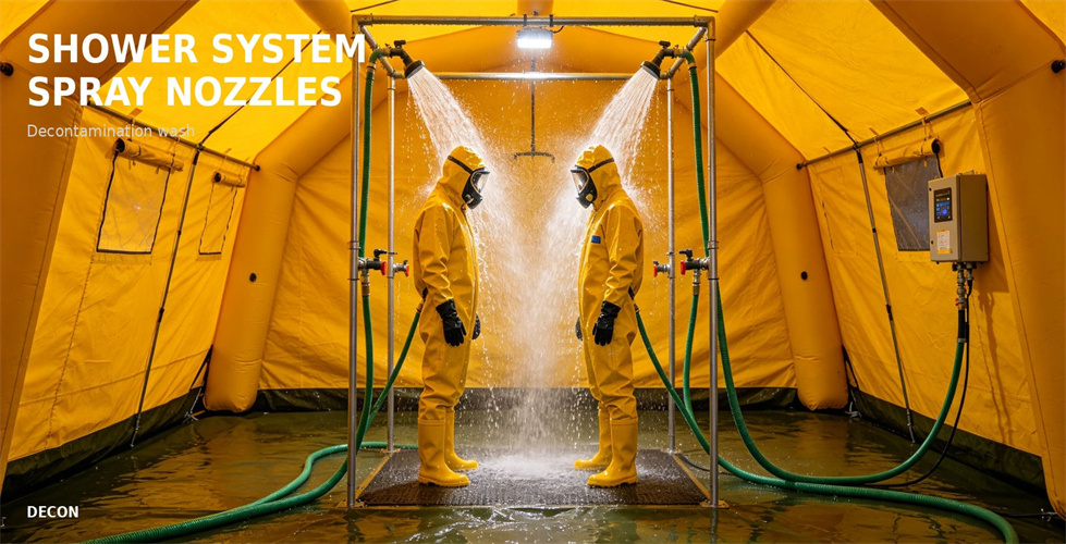 A shower and spray system installed inside an inflatable decontamination tent for bulk procurement review