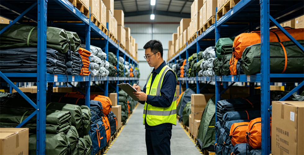 A warehouse worker checks stored inflatable tents and packed relief equipment for bulk procurement review
