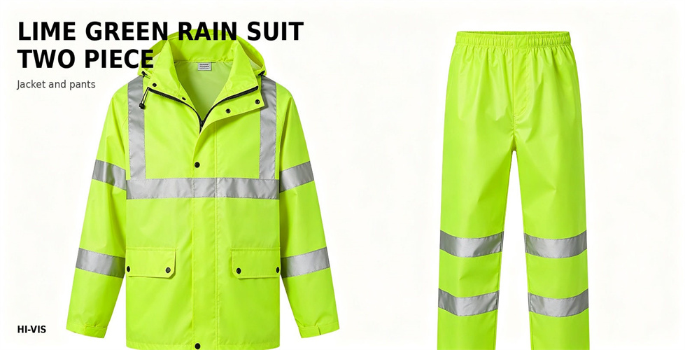 High visibility two piece rain suit for outdoor work crews for procurement review and emergency team distribution