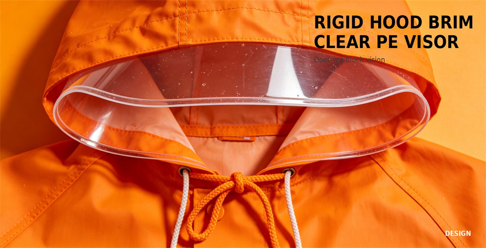 Raincoat hood with a structured brim for improved face coverage for bulk procurement review