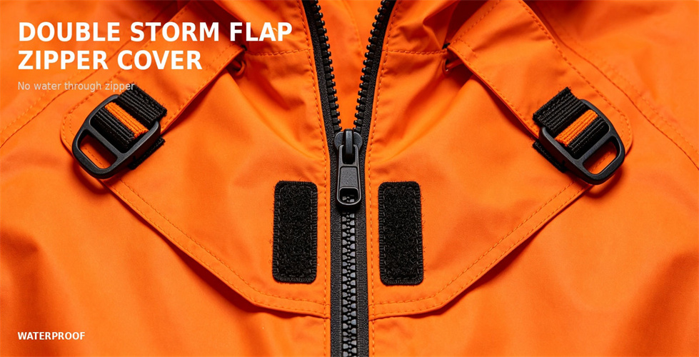 Raincoat front closure with zipper and protective storm flap for procurement review and emergency team distribution