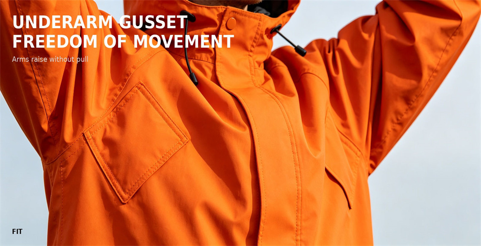 Raincoat underarm gusset designed for working movement for procurement review and emergency team distribution