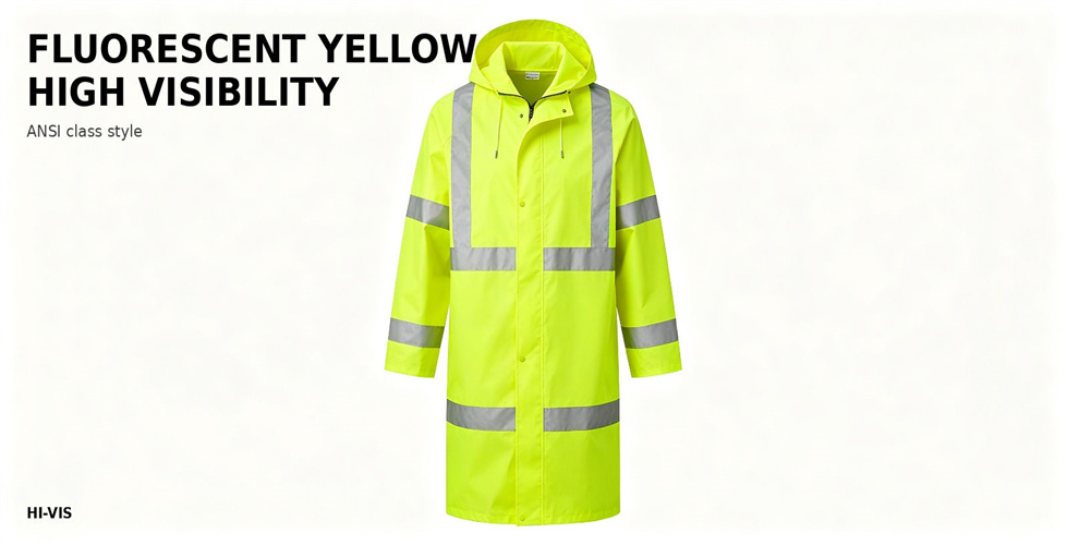 Fluorescent yellow raincoat for high visibility outdoor assignments for bulk procurement review