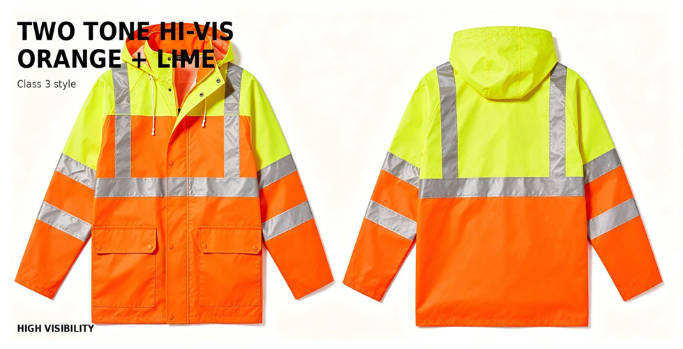 Two tone reflective raincoat for wet weather work teams for procurement review and emergency team distribution