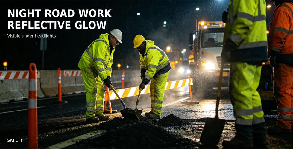Reflective rainwear for night road work in rainy conditions for procurement review and emergency team distribution