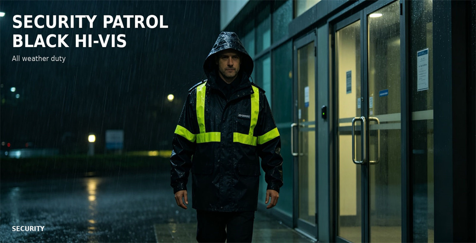 Dark duty raincoat with reflective panels for security patrol work for bulk procurement review