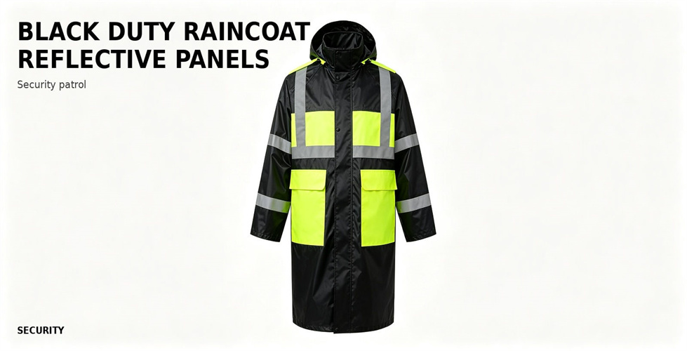 Black duty raincoat for uniformed outdoor work teams for procurement review and emergency team distribution