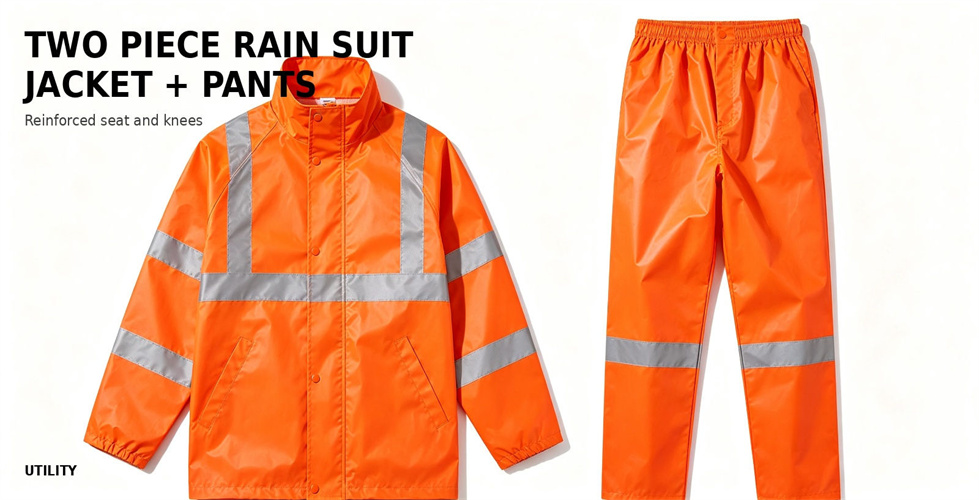 Orange two piece rain suit shown as a complete workwear set for procurement review and emergency team distribution