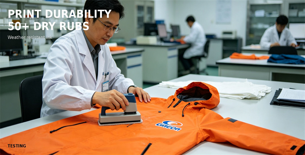Printed raincoat panel prepared for visual durability inspection for bulk procurement review
