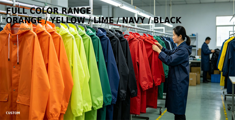 Multiple raincoat colors arranged for procurement comparison for procurement review and emergency team distribution