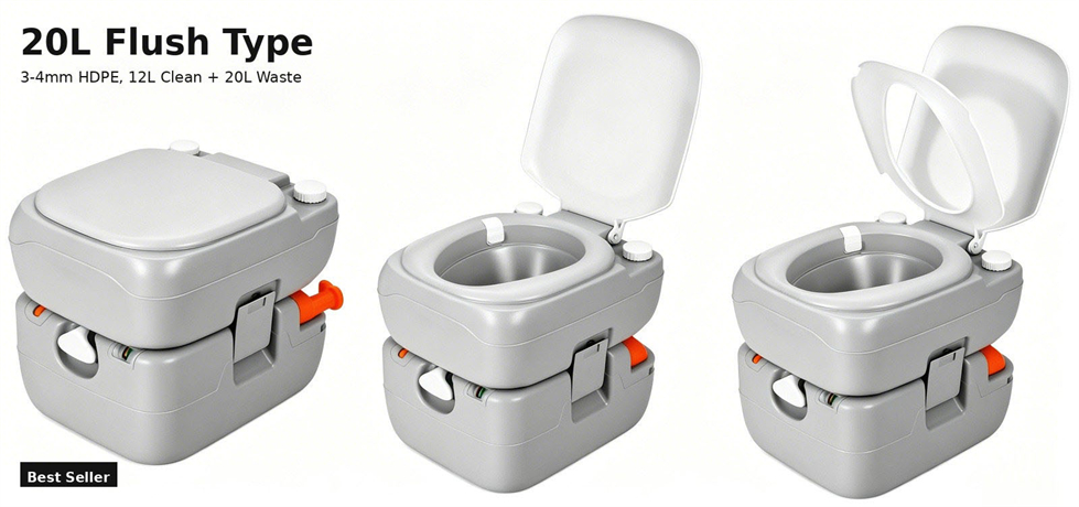 Flush type portable toilet shown in multiple working views for procurement review and emergency site allocation