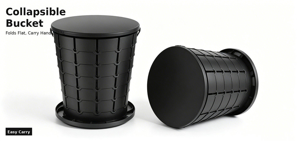 Black collapsible bucket toilet shown folded and open for procurement review and emergency site allocation