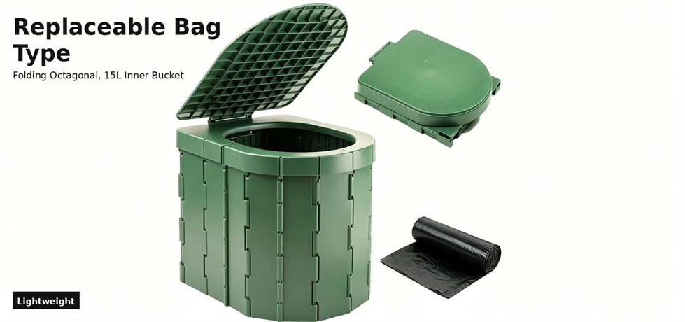 Green folding portable toilet with a replaceable waste bag for procurement review and emergency site allocation