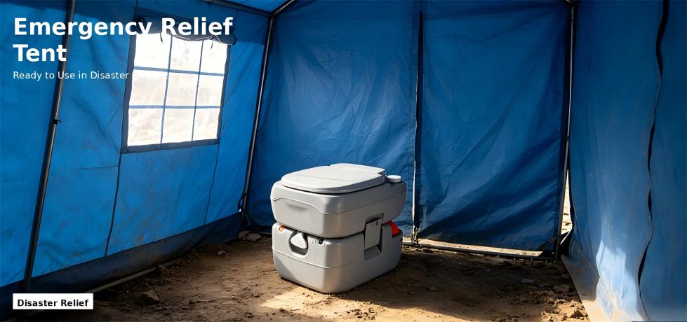Flush portable toilet positioned inside an emergency relief tent for bulk procurement review