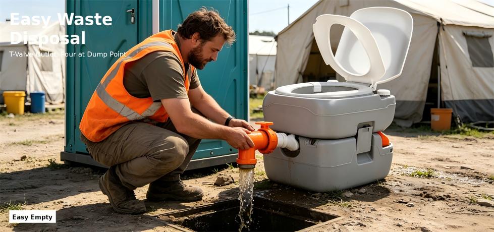 Portable toilet waste tank emptied at a designated field point for procurement review and emergency site allocation