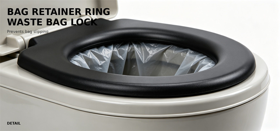 Waste bag retainer ring fitted around a portable toilet opening for bulk procurement review
