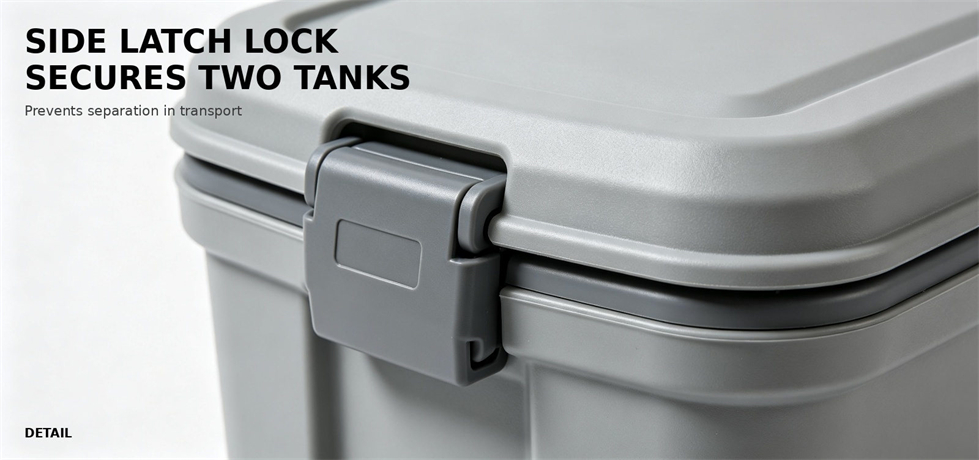 Close view of a portable toilet tank side latch for institutional procurement and field hygiene deployment