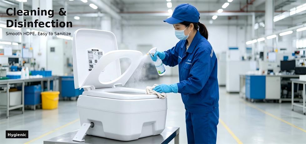 Worker cleaning a portable toilet during factory preparation for procurement review and emergency site allocation