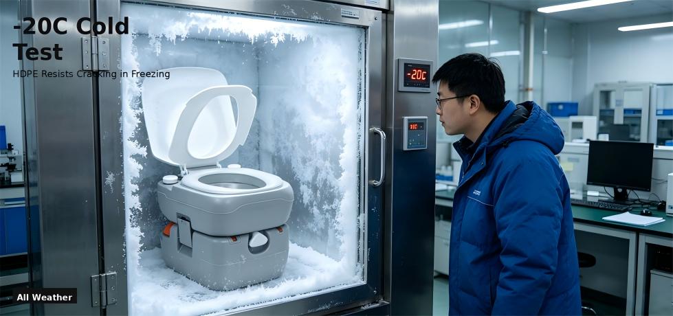 Portable toilet evaluated under a controlled cold condition for procurement review and emergency site allocation