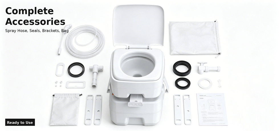 Portable toilet and matching accessories arranged for sample review for bulk procurement review