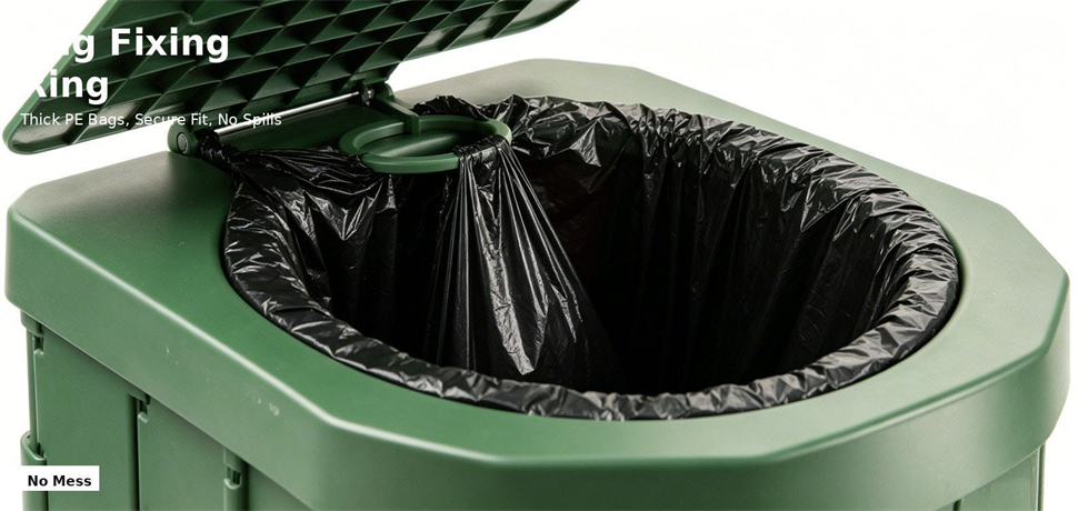Waste bag secured around a portable toilet rim for institutional procurement and field hygiene deployment