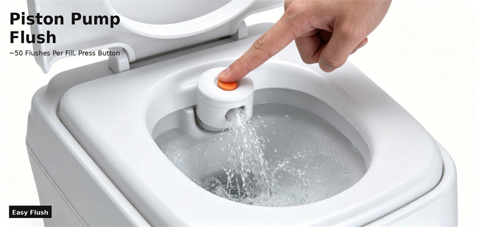 Piston flush mechanism demonstrated on a portable toilet for procurement review and emergency site allocation