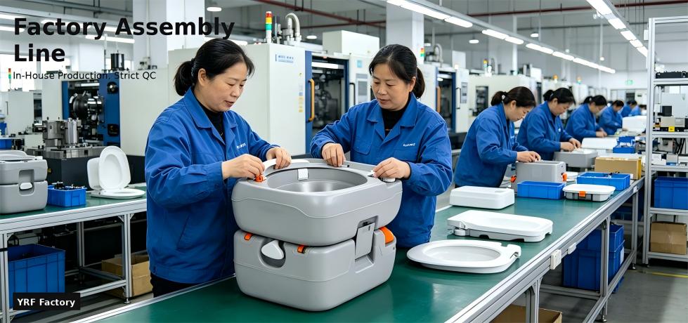 Portable toilets moving through a factory assembly line for procurement review and emergency site allocation