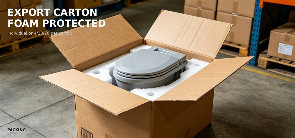Portable toilet protected with foam inside an export carton for procurement review and emergency site allocation