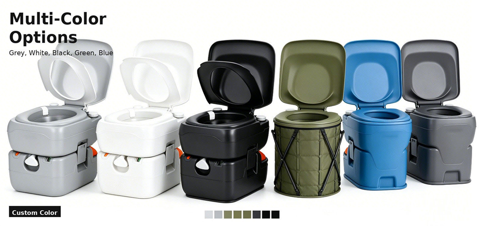 Four portable toilet structures arranged for comparison for procurement review and emergency site allocation