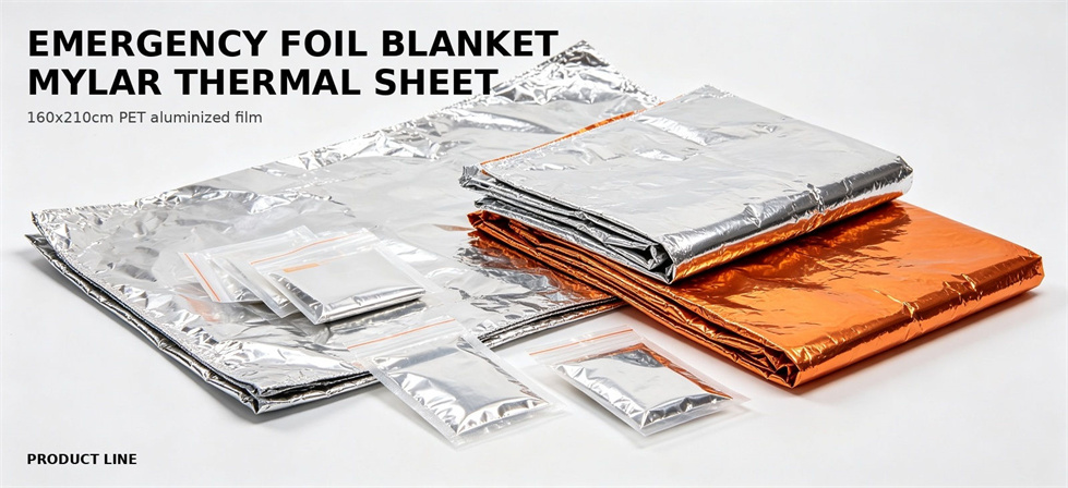 Emergency foil blanket product range with flat blankets, bivvy and poncho styles