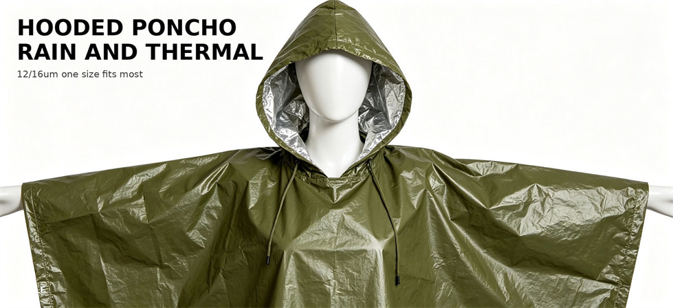 Hooded thermal poncho shown open for emergency distribution planning for bulk procurement review