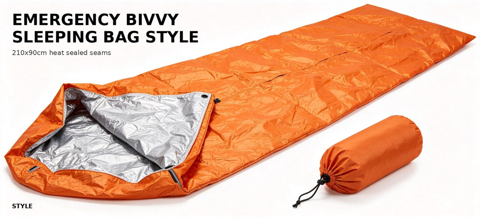 Emergency bivvy sleeping bag style shown with its compact storage sack for bulk procurement review