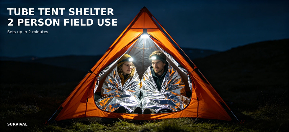 Two-person emergency tube tent shown set up for field shelter use for bulk procurement review